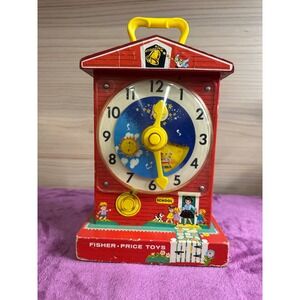 Vintage Fisher Price Music Box Teaching Clock Red Yellow Kids Learning Toy 998